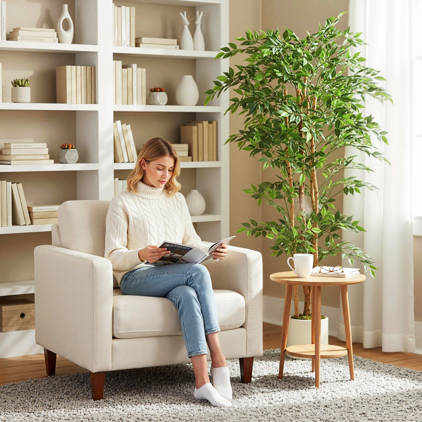 HOMCOM 180cm Artificial Ficus Tree With Solid Wood Trunk In White Pot For Indoor Decor Real Touch Leaves
