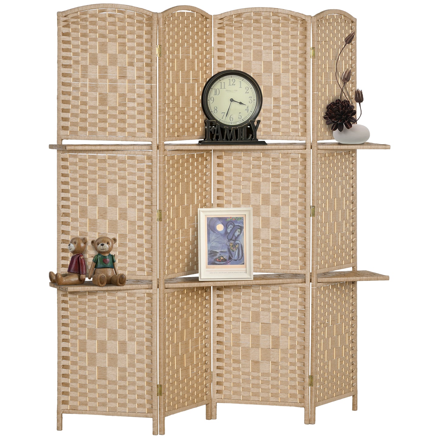 HOMCOM Four Panel Room Divider Screen 160 X 170 cm Foldable Pine Wood With Two Shelves