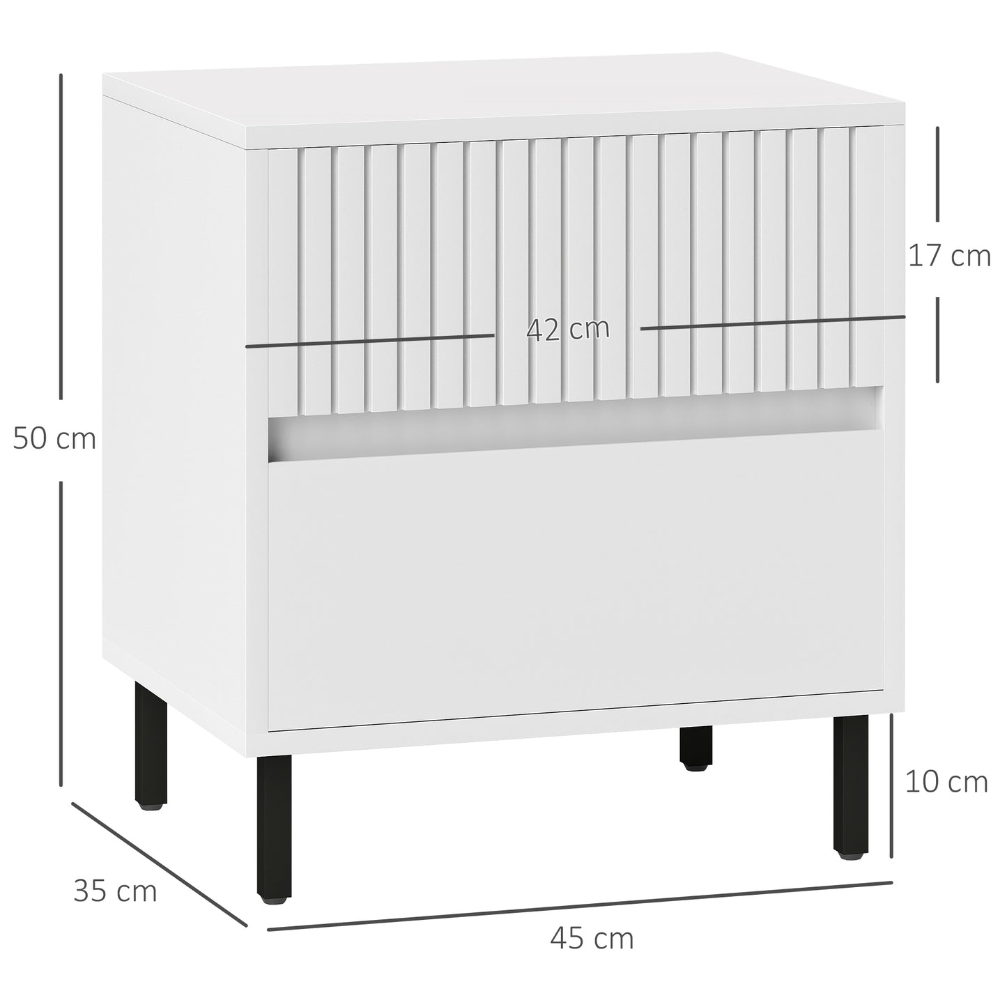 HOMCOM Two Drawer Bedside Tables Set of 2 White Indented Top Drawer Modern Nightstands