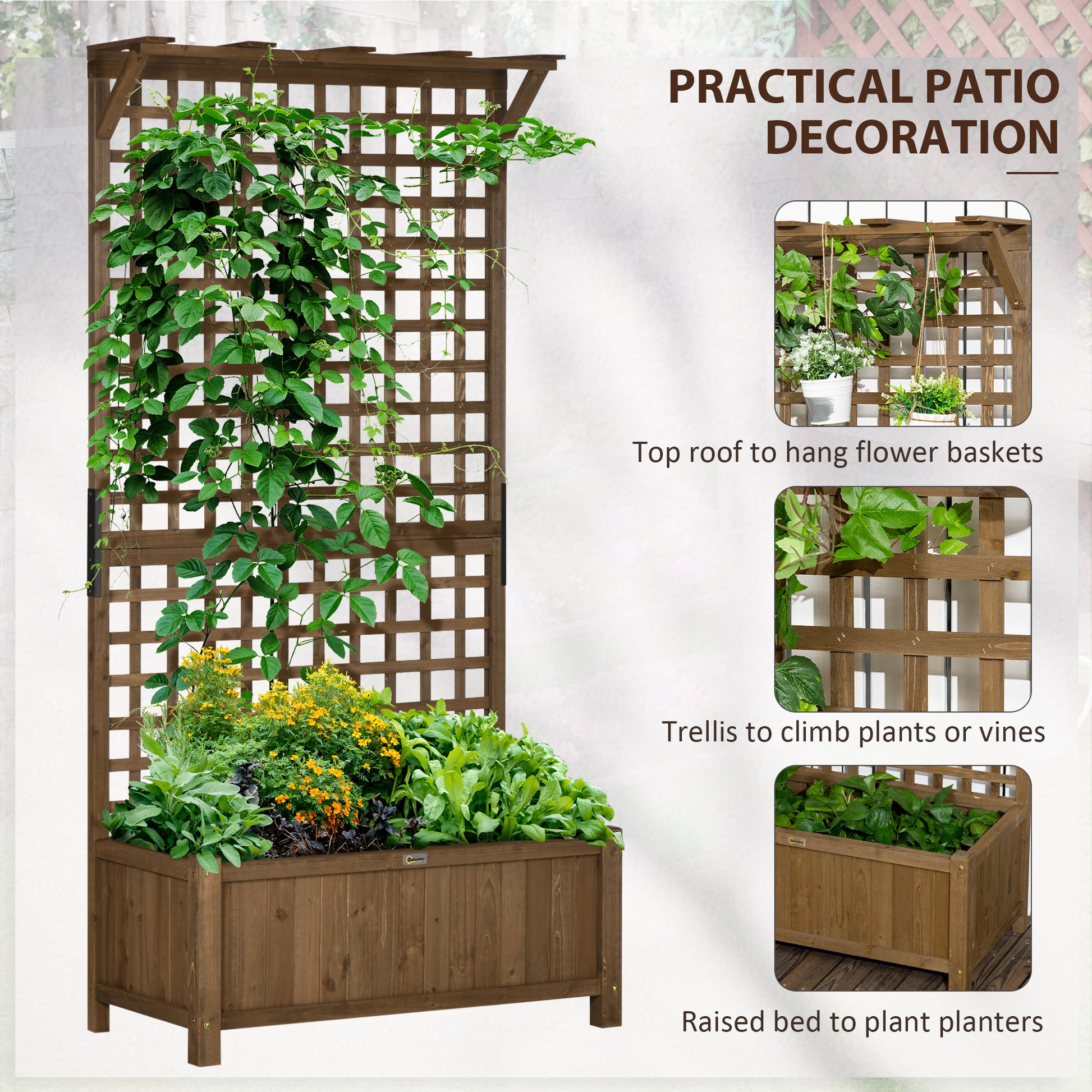 Outsunny 2 Pcs Raised Bed Drainage Holes Wood Planter Trellis Climbing Plants Grow Vegetables Flowers Brown - ALL4U RETAILER LTD