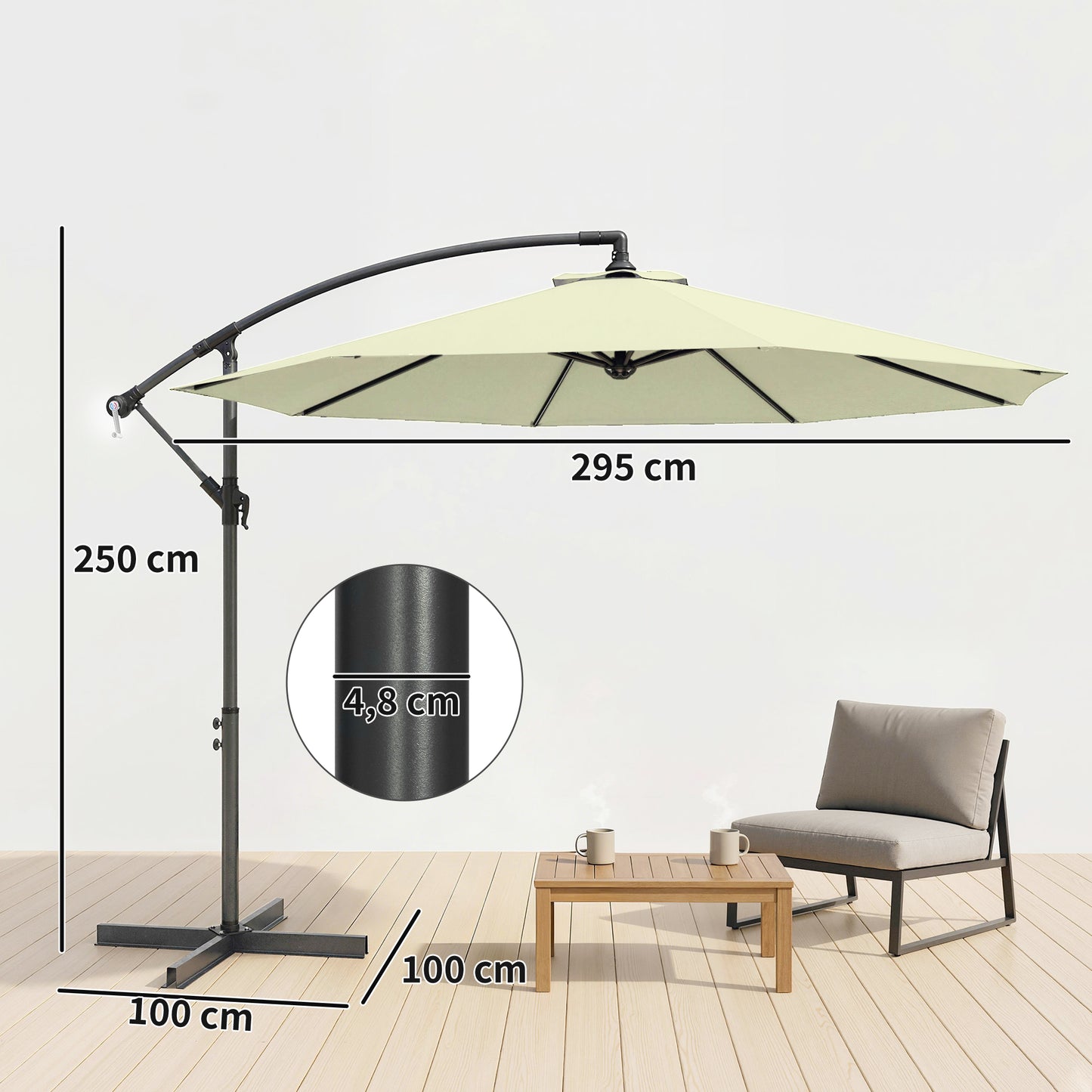 Outsunny 3m Overhanging Cantilever Parasol With Cross Base Beige Outdoor Patio Shade Eight Rib Canopy UV Protected
