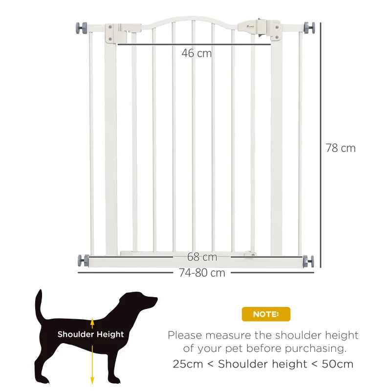 PawHut Metal Adjustable Pet Gate Safety Barrier with Auto-Close Door - White (74-80cm) - ALL4U RETAILER LTD