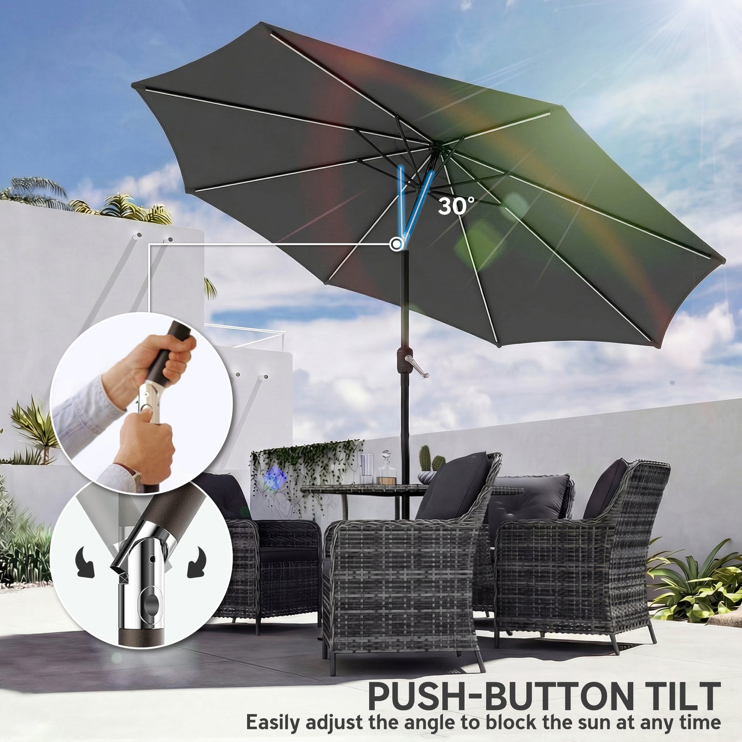 Outsunny 3 m Garden Parasol Umbrella With 112 LED Solar Lights Patio Umbrella With Crank Handle Grey