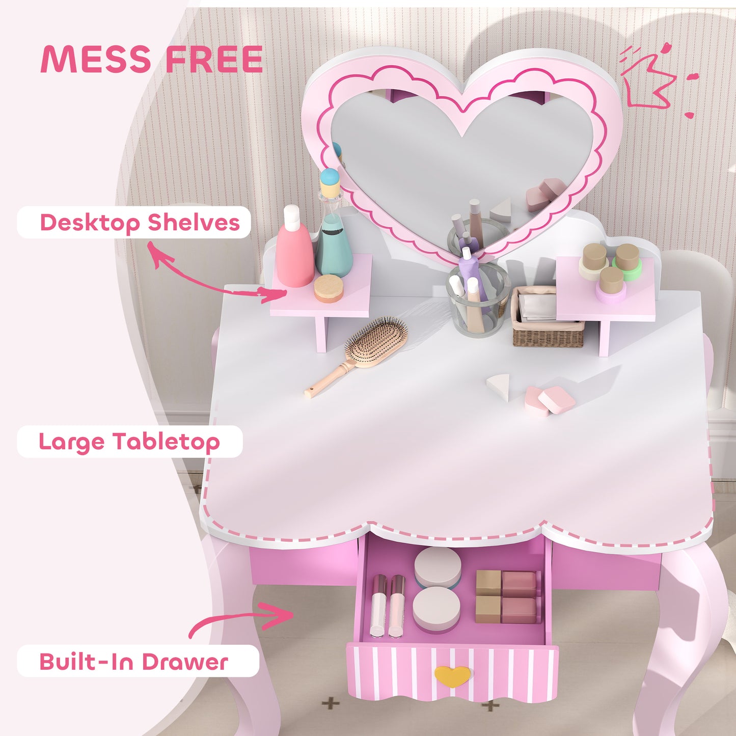 AIYAPLAY Kids Vanity Dressing Table Set With Stool Mirror Drawer And Desktop Storage Heart Theme Pink