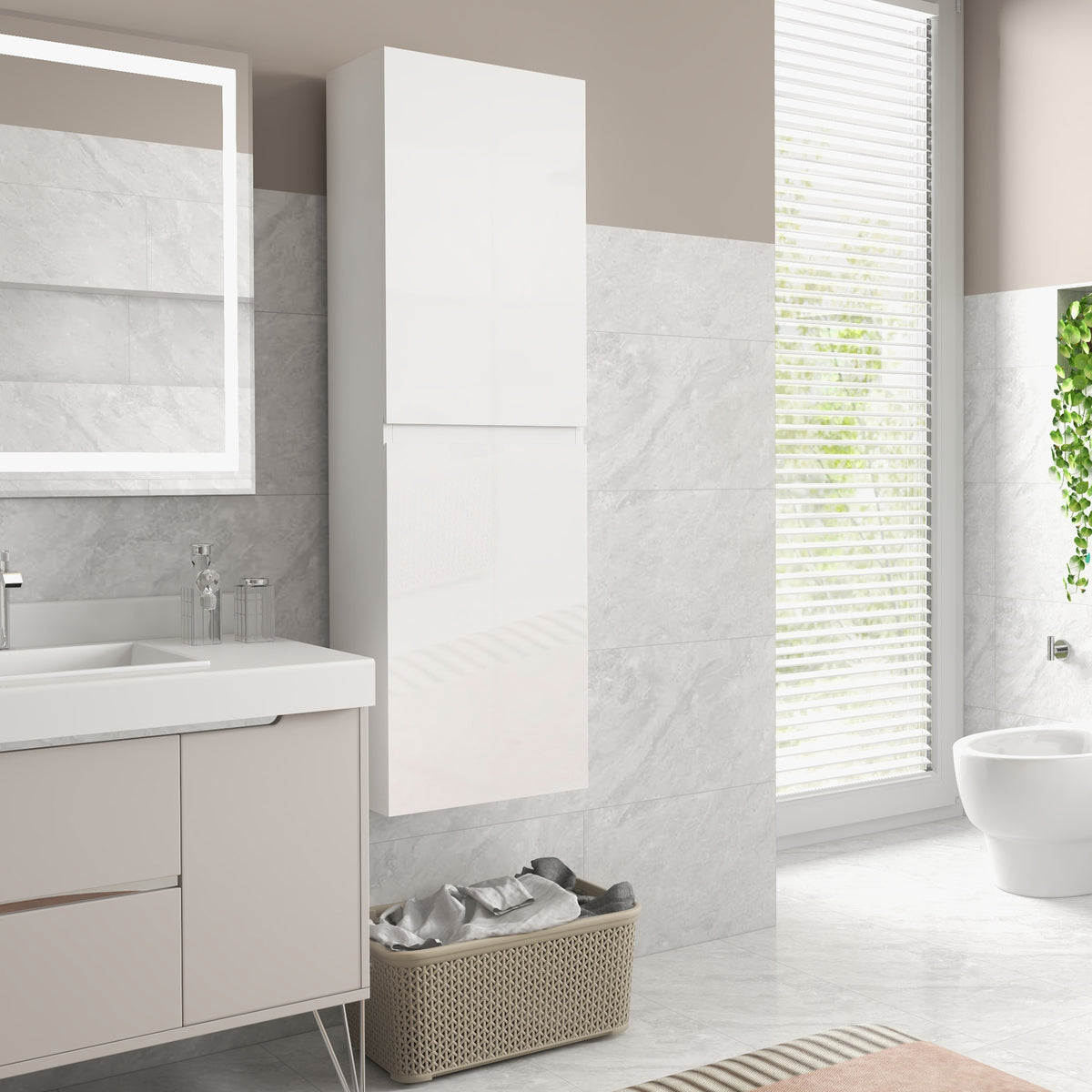 Tall white bathroom cabinet with 2 stacked doors and sleek recessed panel design