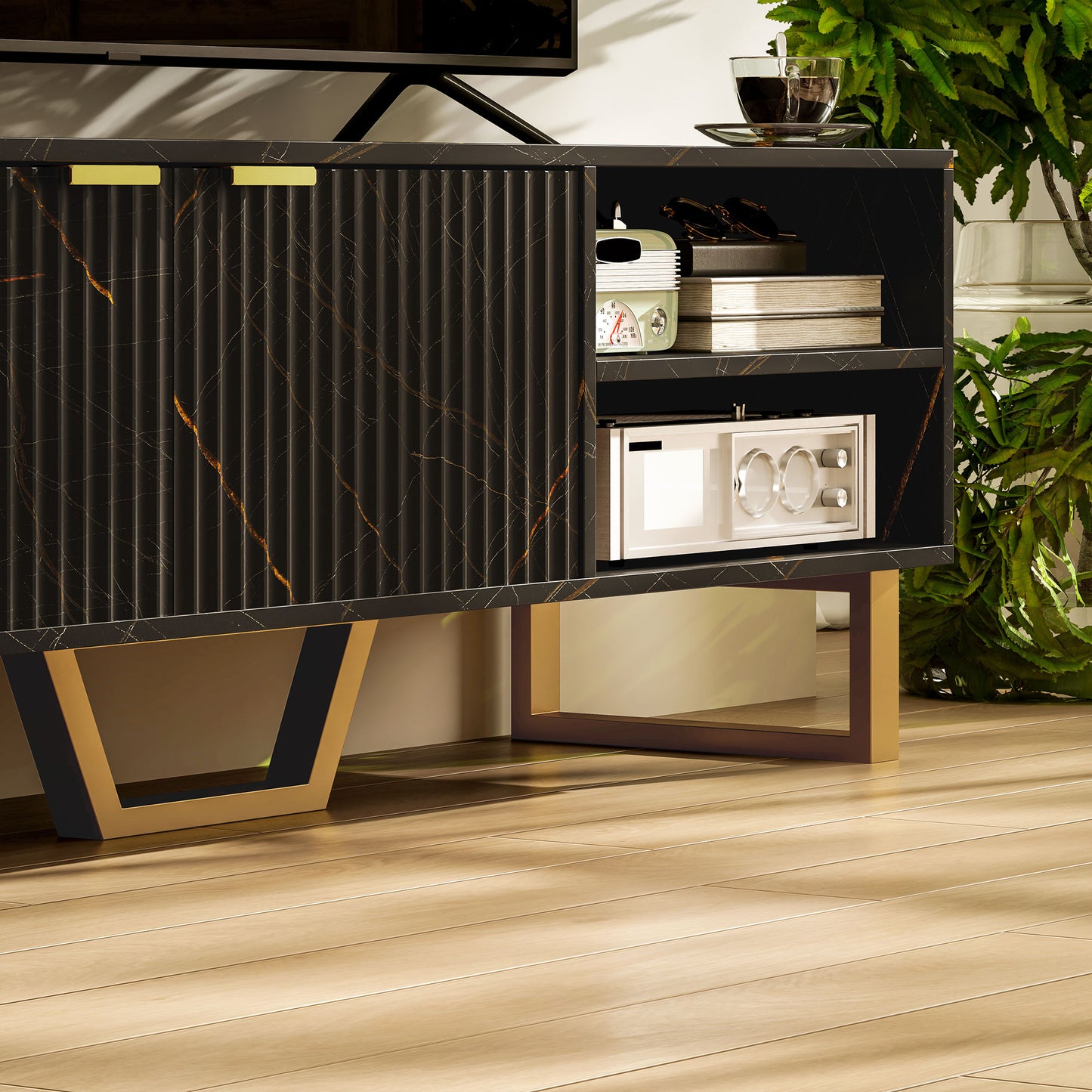 HOMCOM Marble Effect TV Unit For Up To 70 Inch TVs Black With Fluted Doors Shelves Storage Cupboard And Cable Management