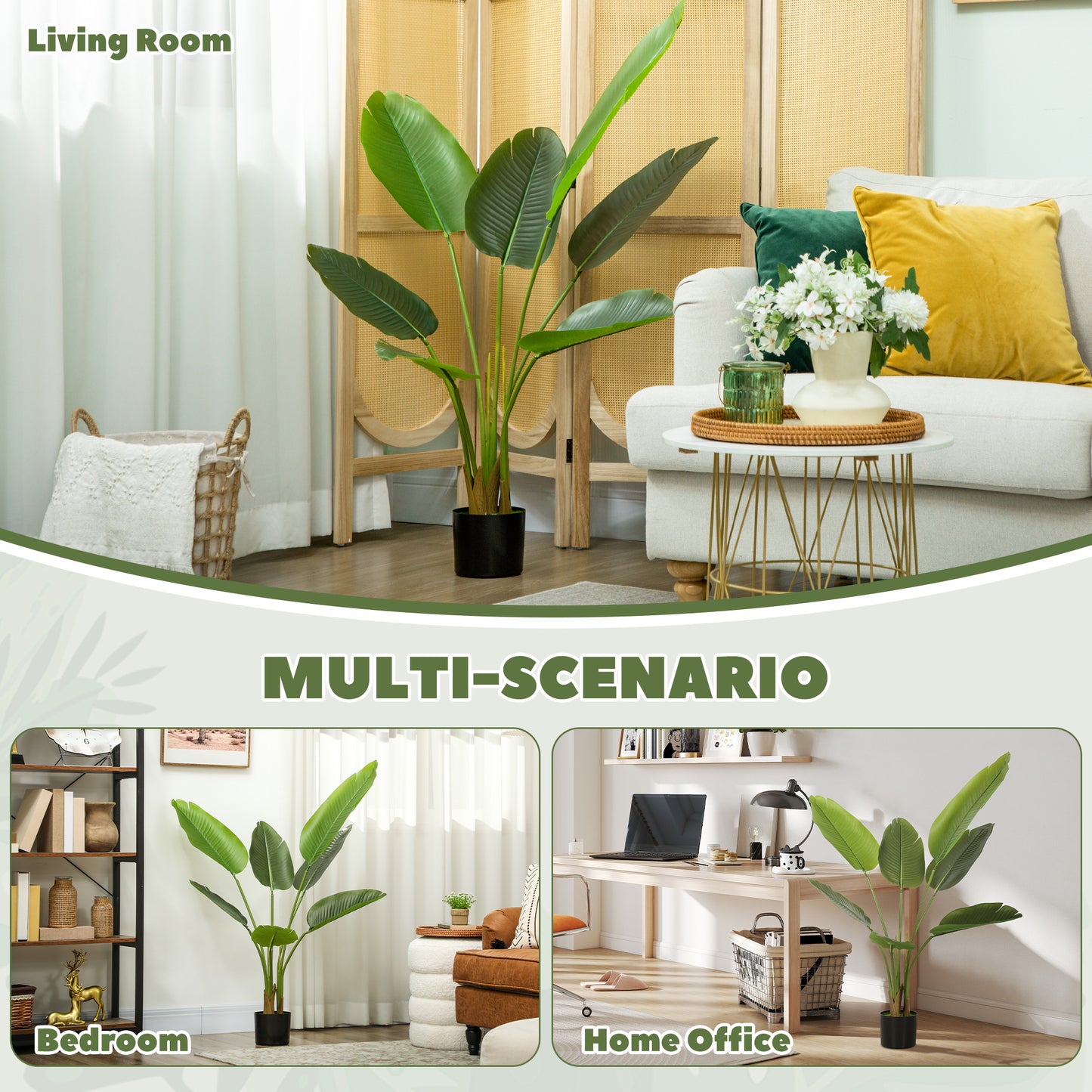 HOMCOM 109cm Artificial Bird of Paradise Plant in Pot with PEVA Leaves Banana Leaf Tree for Home Office Decor Green