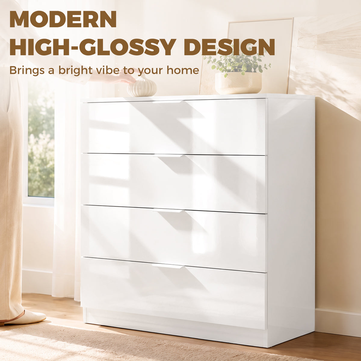 Homcom High Gloss 4 Drawer Chest Of Drawers White Bedroom Storage
