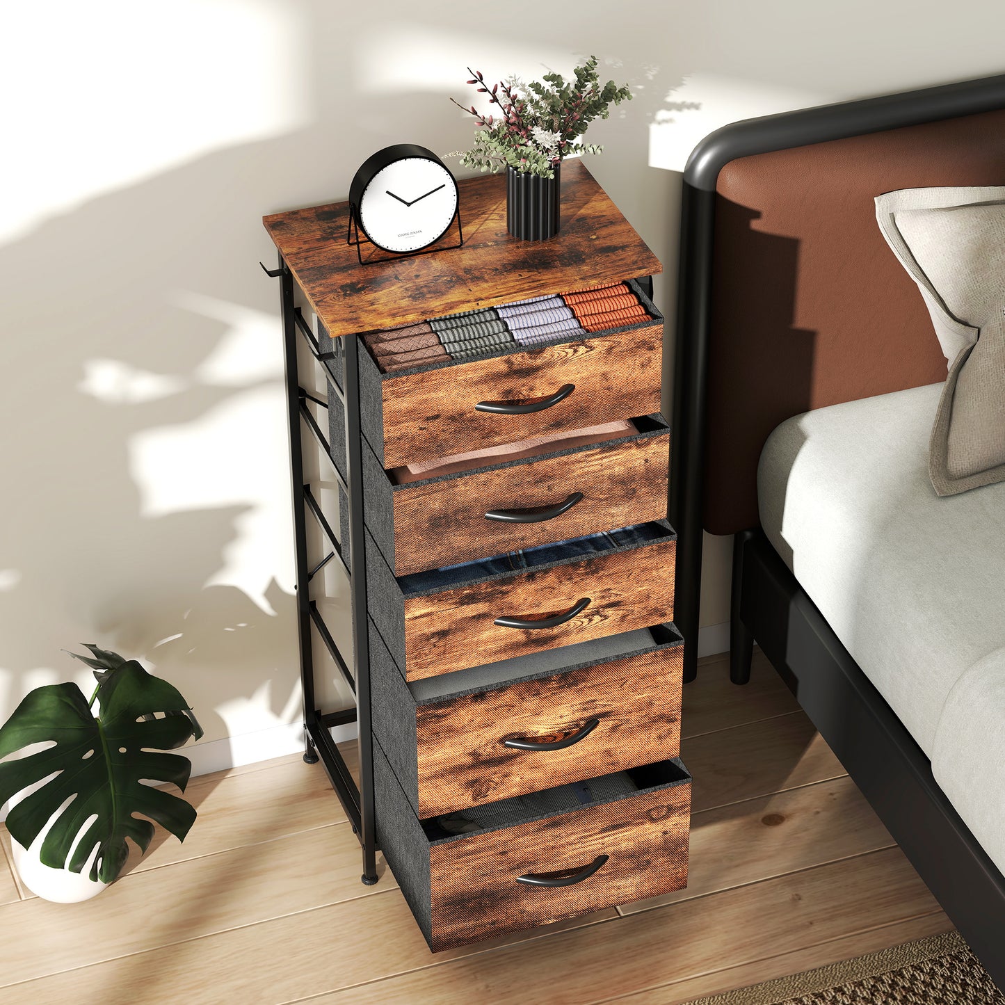 HOMCOM Five Drawer Fabric Chest Rustic Brown Finish With Steel Frame For Bedroom Storage