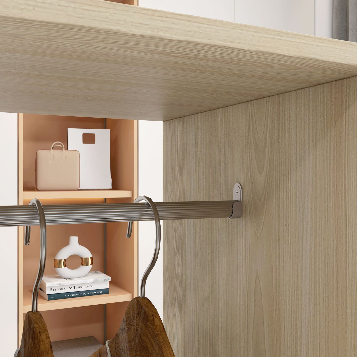 HOMCOM Open Wardrobe With Double Storage Shelves Mobile Organizer On Six Wheels Natural Finish