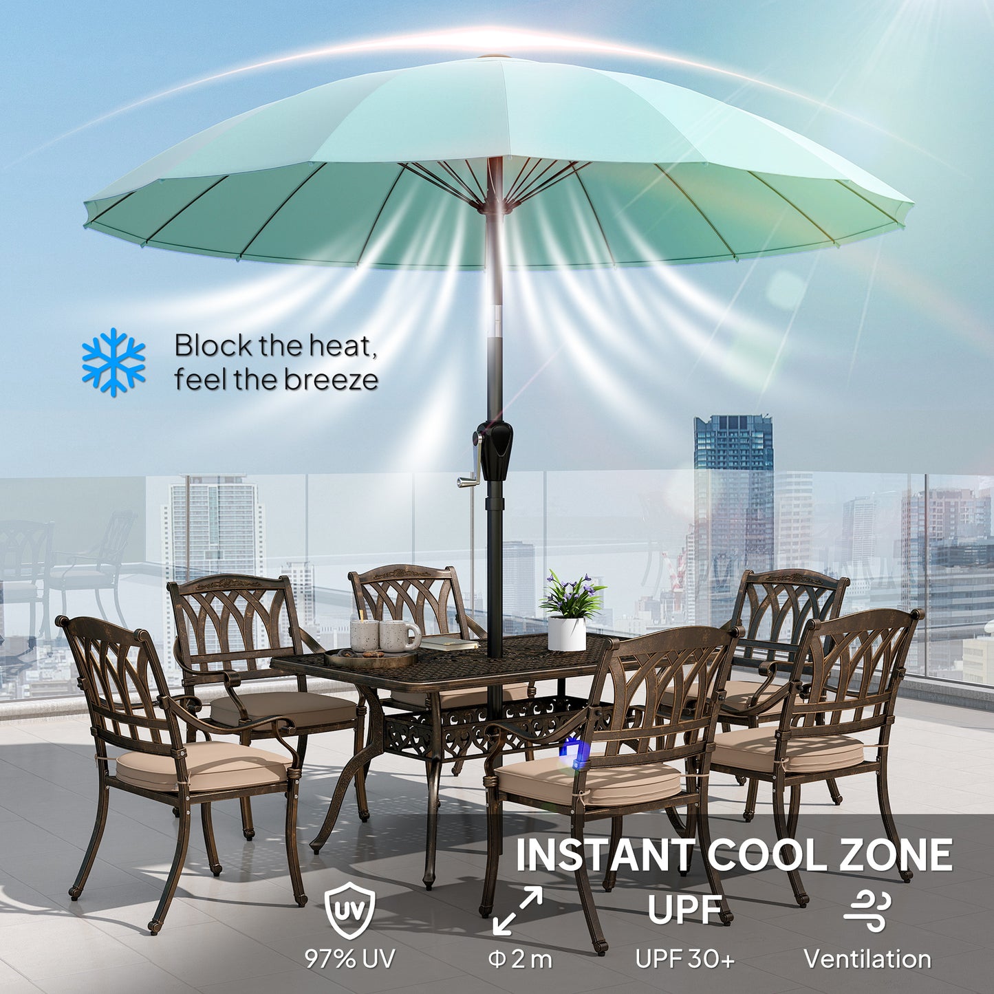 Outsunny 2m Shanghai Garden Parasol Umbrella With 16 Fibreglass Ribs Turquoise Crank Tilt Sun Shade