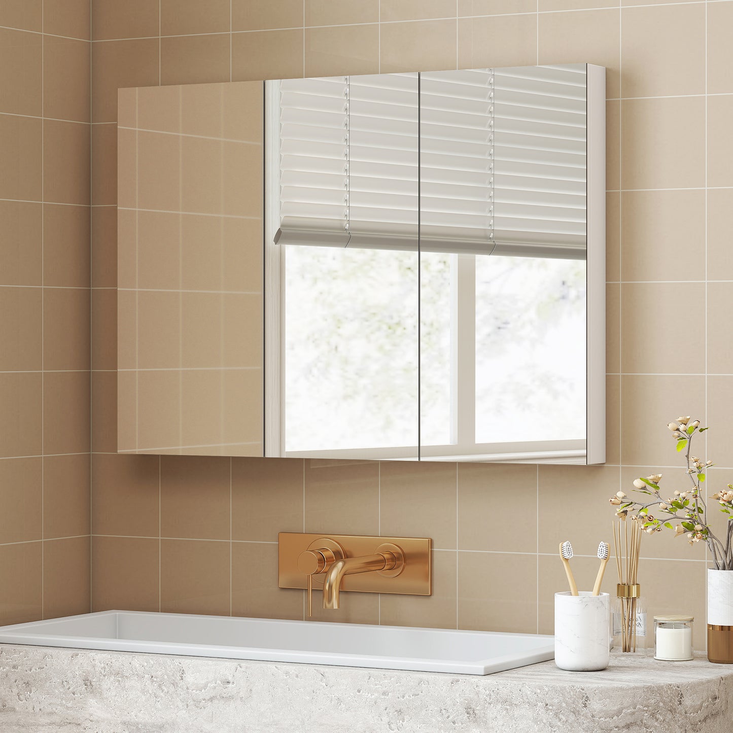 HOMCOM White Three Mirror Doors Bathroom Wall Cabinet With Six Inner Shelves And Four Adjustable Shelves