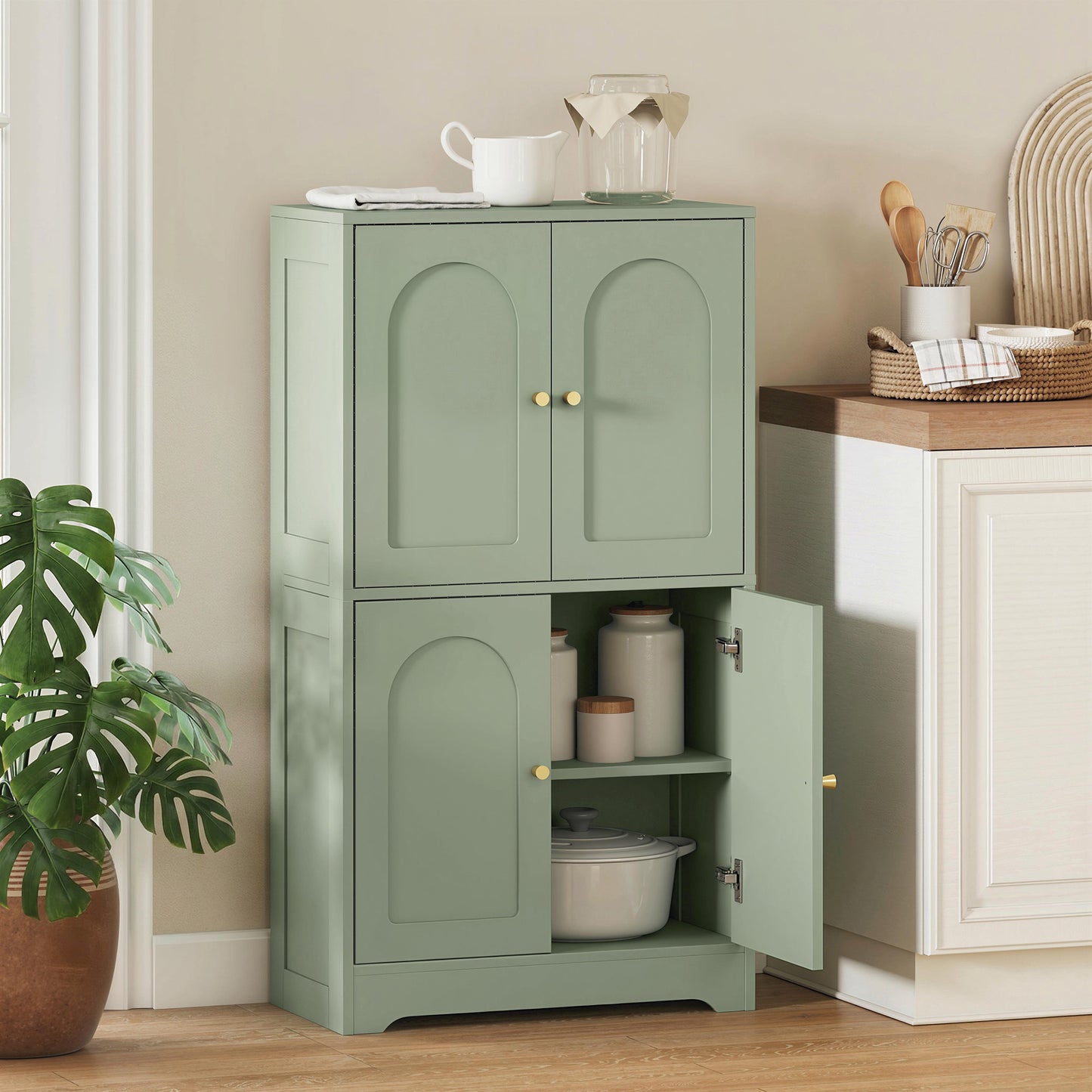 HOMCOM Four Door Kitchen Storage Cabinet With Adjustable Shelves Green Arched Door Panels And Gold Tone Handles