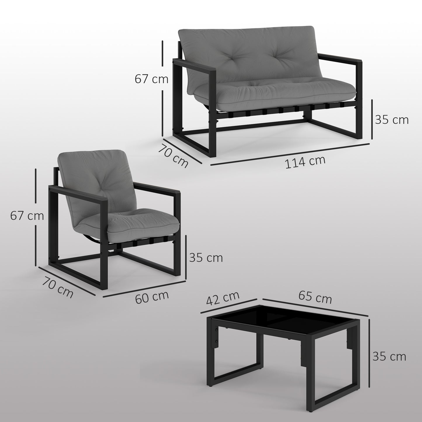 Outsunny 4 Piece Garden Furniture Set With Loveseat Sofa Armchairs Glass Top Coffee Table Cushions Dark Grey