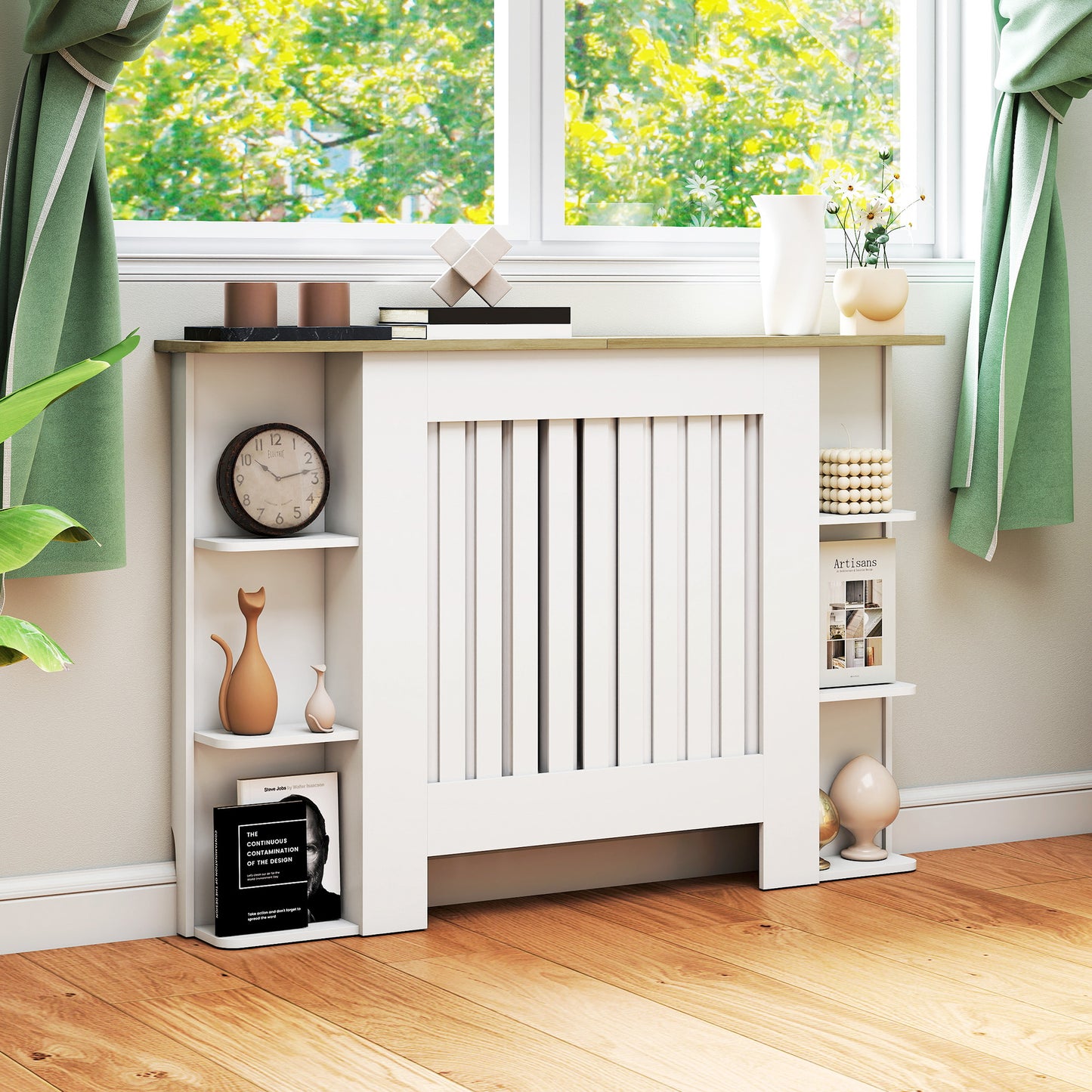 HOMCOM Radiator Cover With Open Storage Shelves Vertical Slatted Cabinet Heater Cover Medium White Living Room Hallway