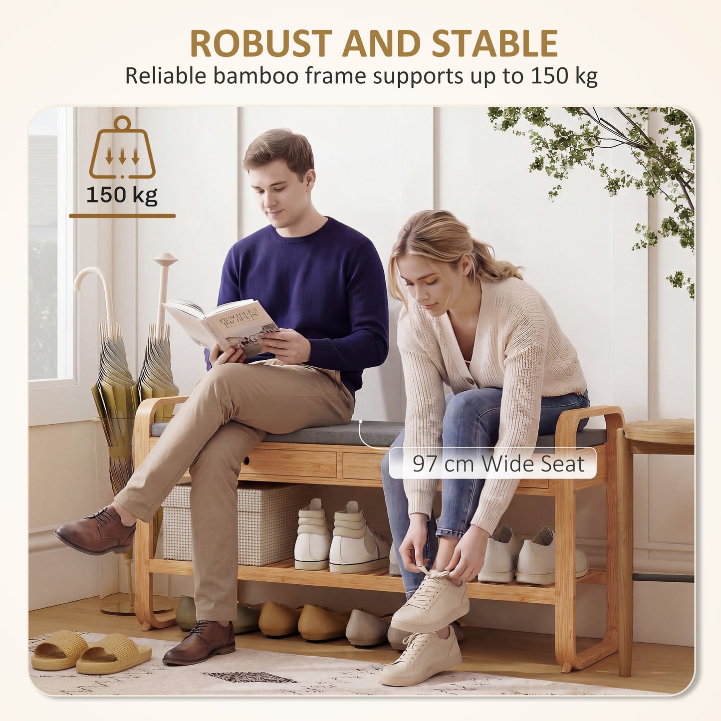 HOMCOM Shoe Bench With Cushioned Seat And Two Drawers 105 Cm Natural And Grey Hallway Storage