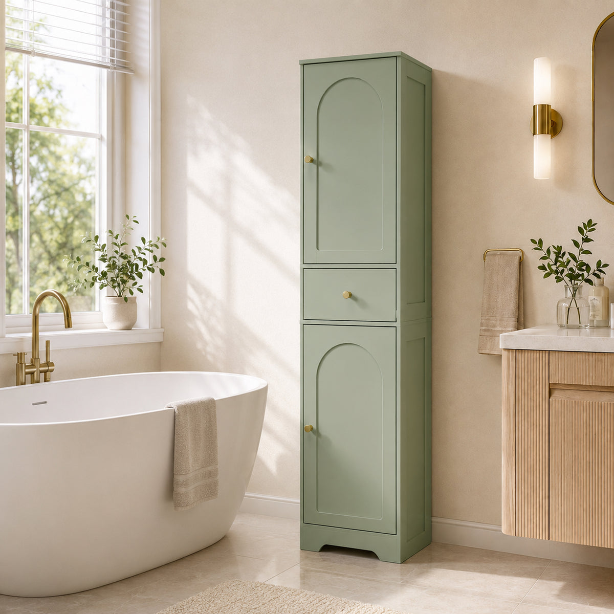 HOMCOM Tall Bathroom Storage Cabinet with Drawer and Arched Doors Light Green