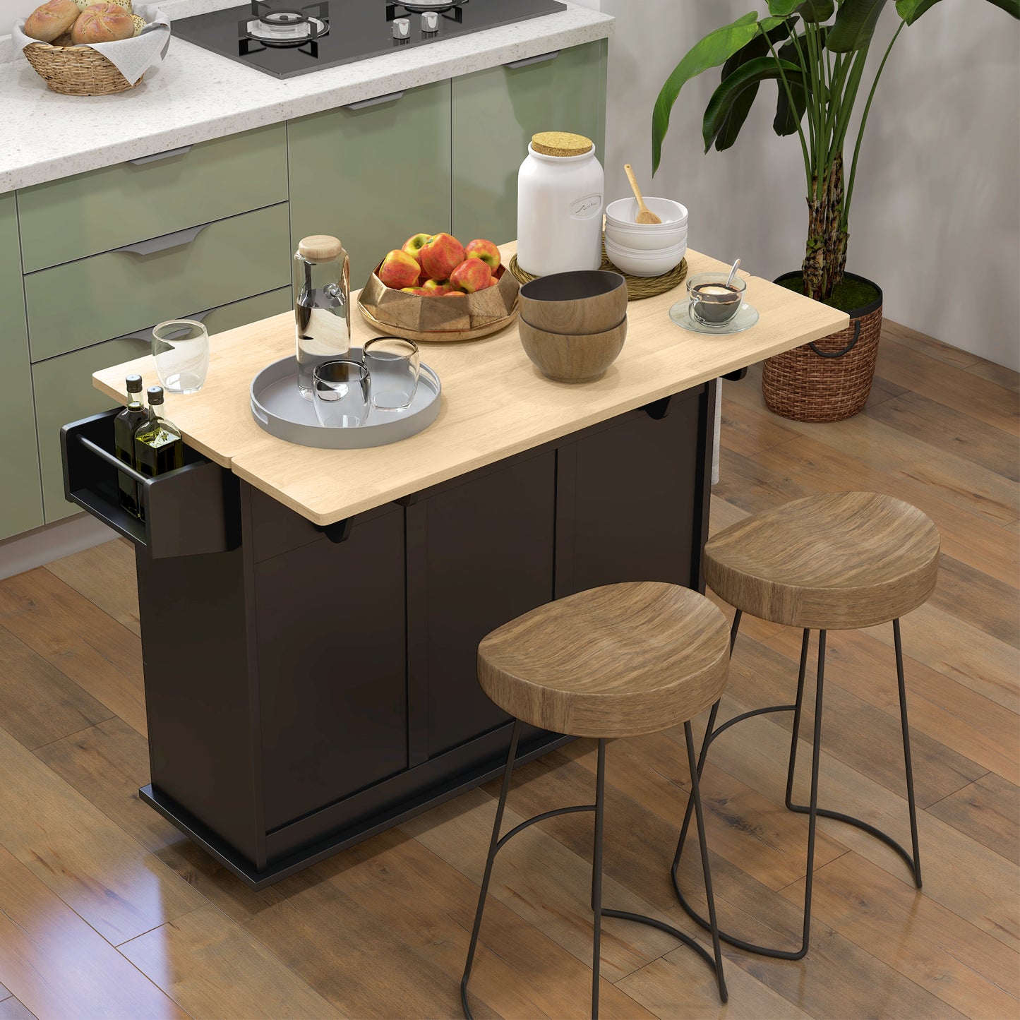 HOMCOM Kitchen Island On Wheels With Drop Leaf Black Rubberwood Top Rolling Storage Trolley Featuring 3 Drawers