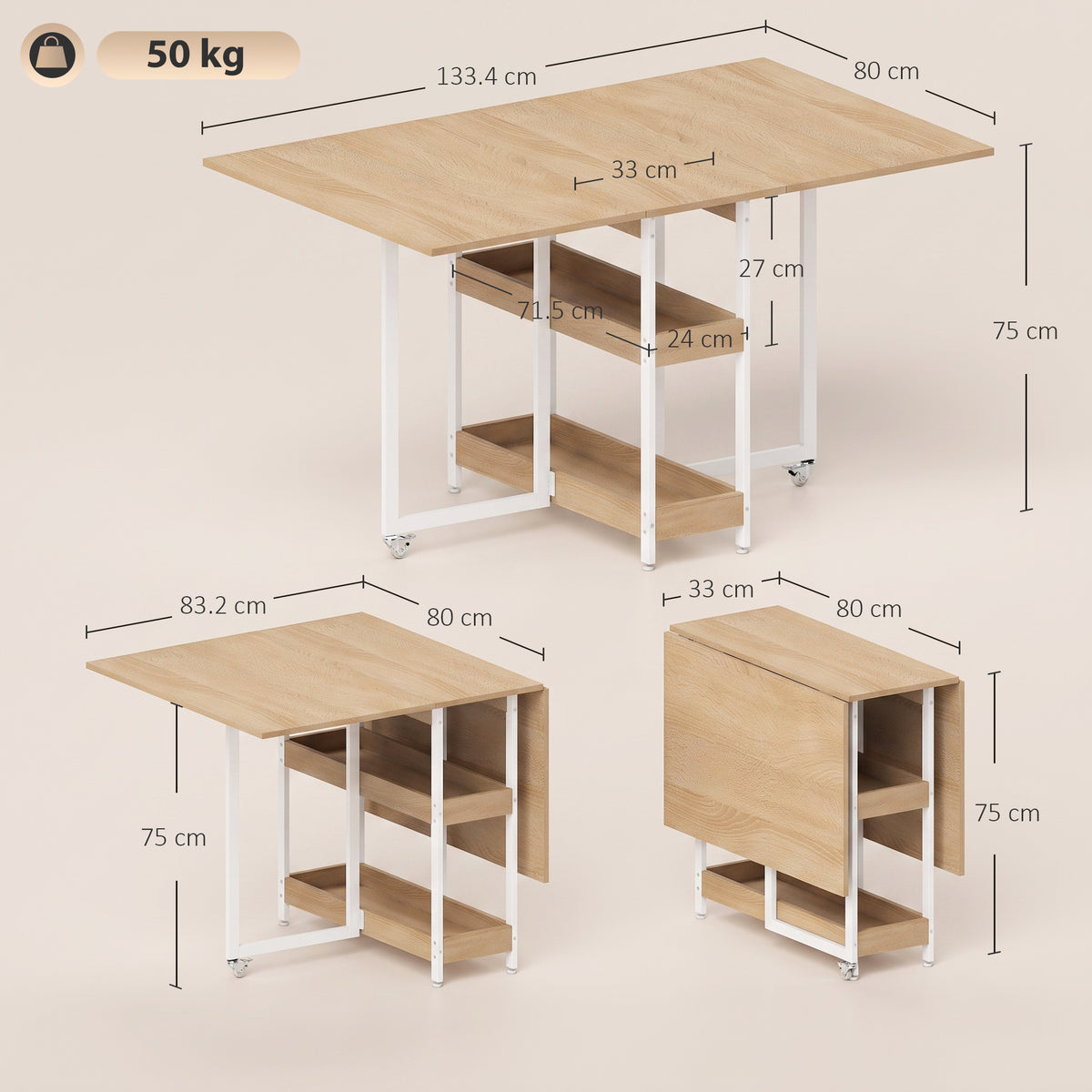 Light wood drop-leaf dining table with white metal frame, folded and open size views