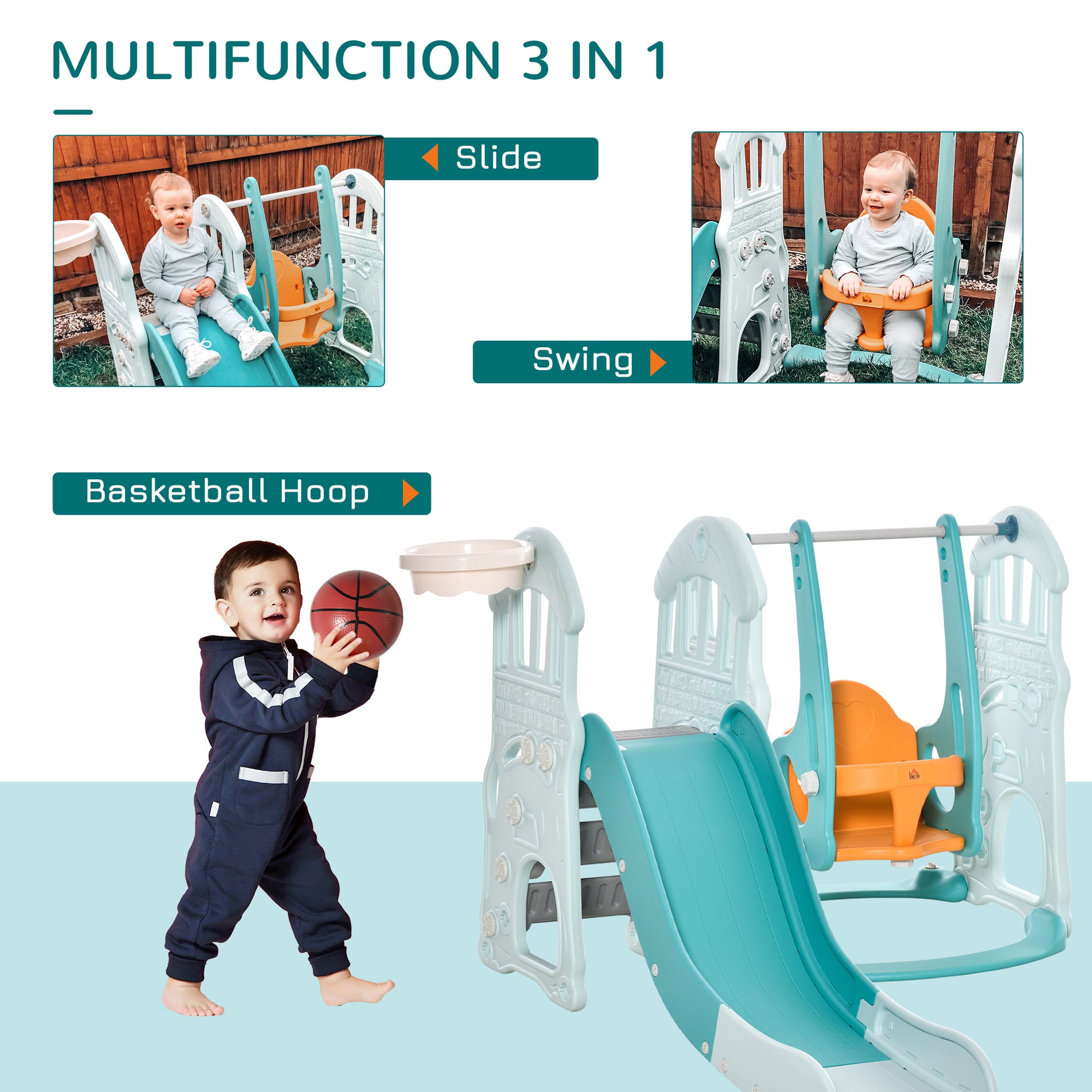 HOMCOM 3-in-1 Kids Playset: Slide, Swing & Basketball Hoop Activity Center for Toddlers with Adjustable Height and Water-Fillable Base - ALL4U RETAILER LTD