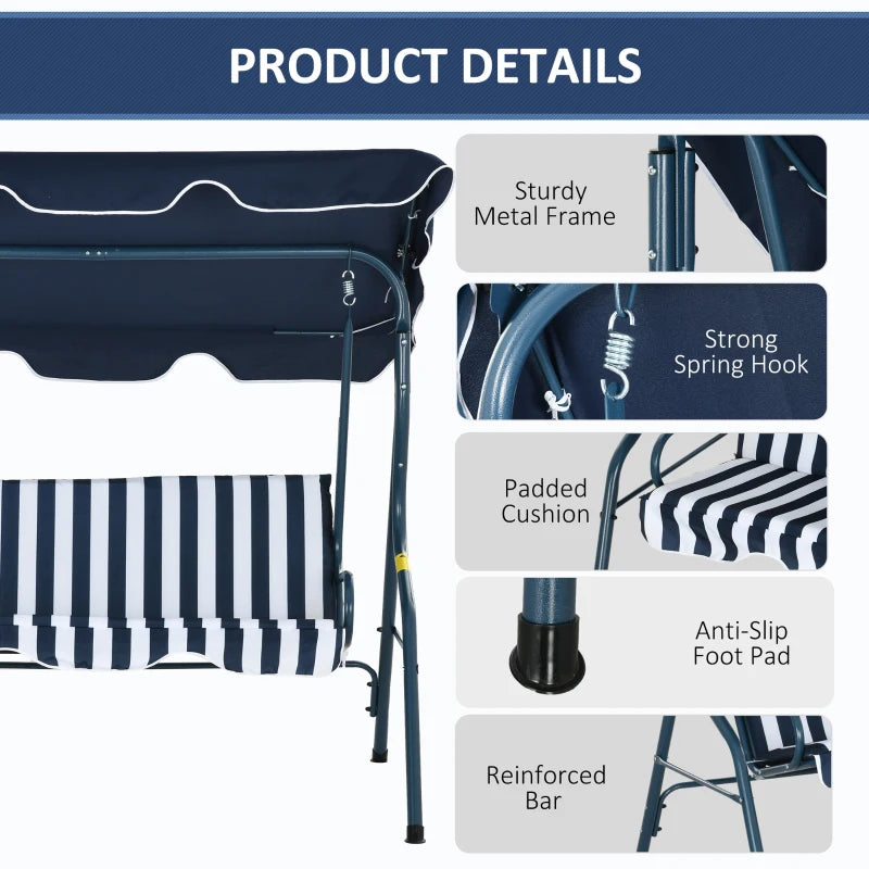 Outsunny 3 Seater Garden Swing Seat Chair Outdoor Bench with Adjustable Canopy and Metal Frame - Blue Stripes | Patio Swing for Relaxation and Comfort - ALL4U RETAILER LTD