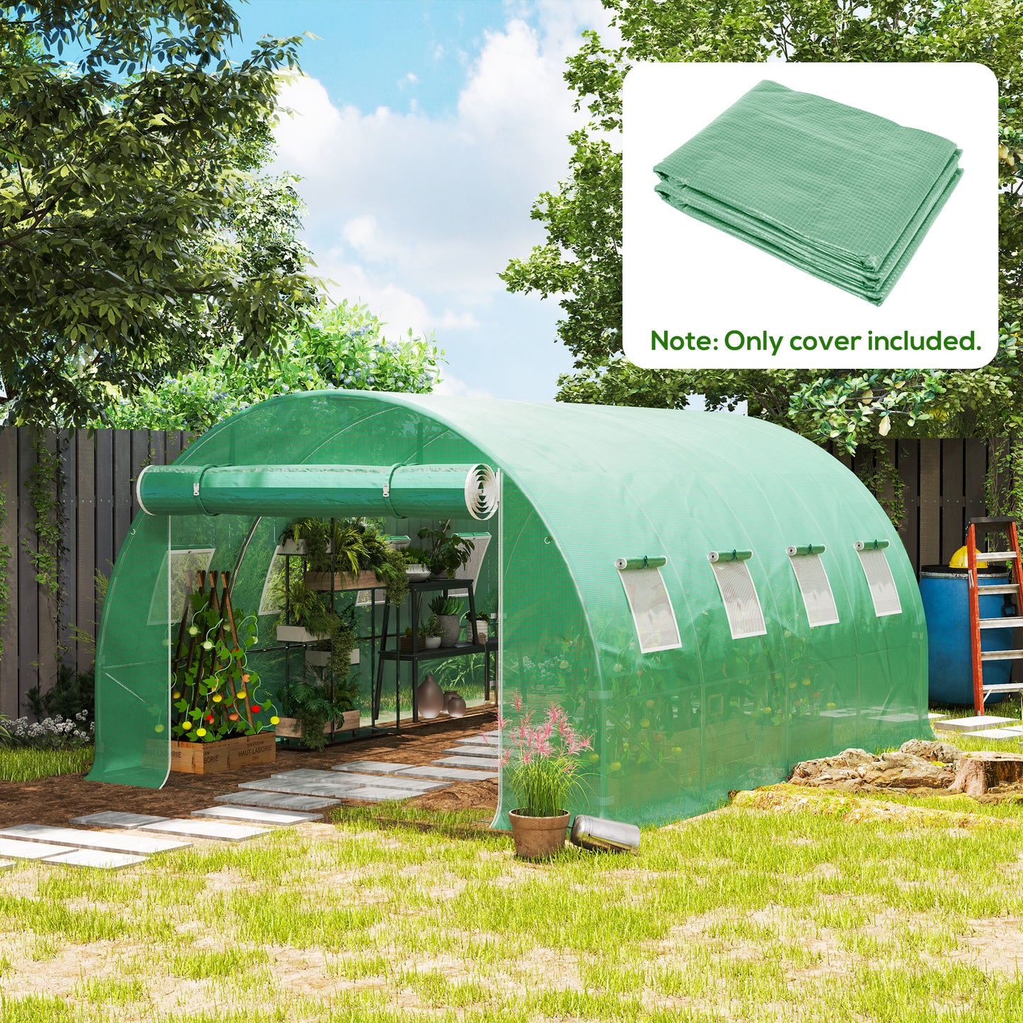 Outsunny 4 X 3 X 2m Polytunnel Greenhouse Replacement Cover Only PE Mesh With Roll Up Windows And Door