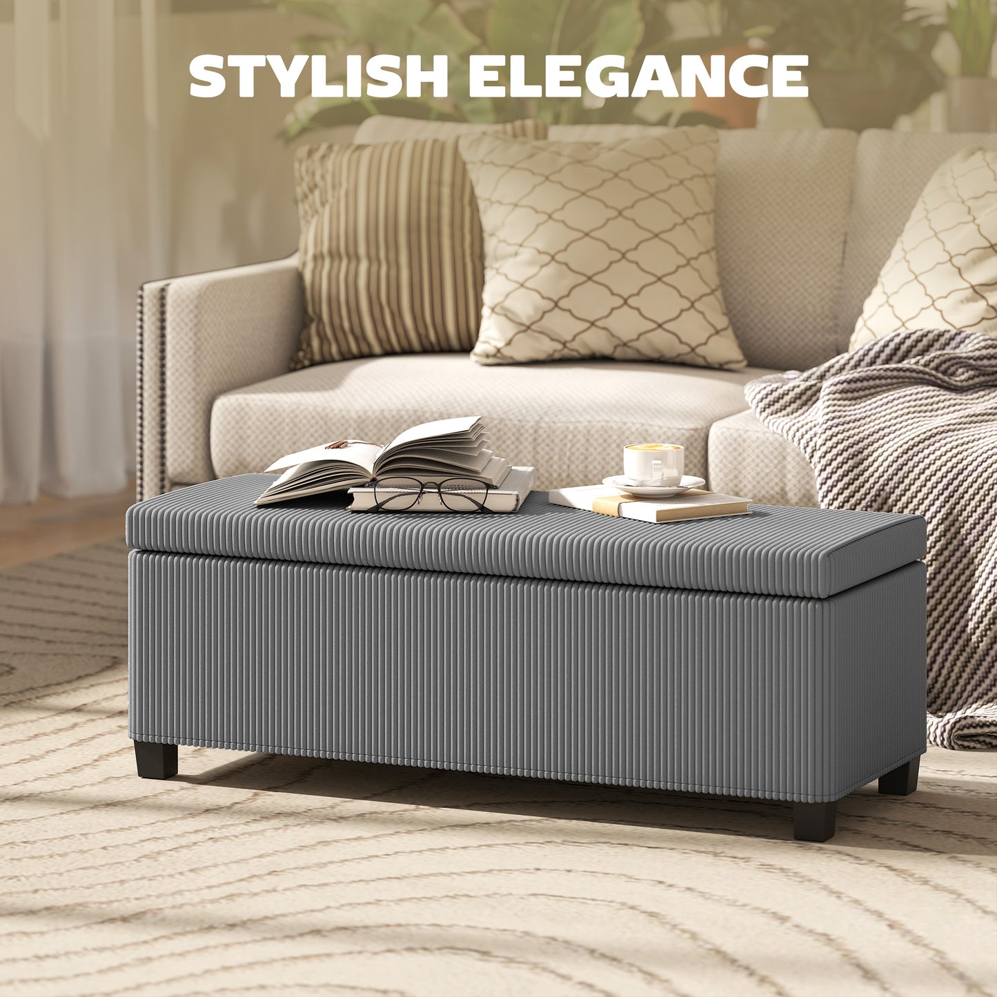 HOMCOM 84L Corduroy Storage Ottoman Grey Padded Top With Generous Storage For Bedroom And Living Room
