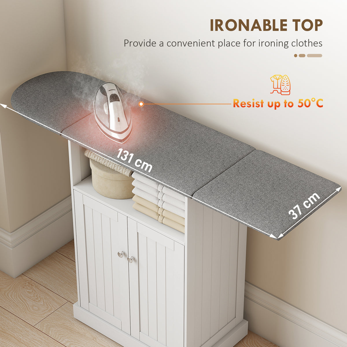 HOMCOM Mobile Ironing Board Cabinet on Wheels with Foldable Top and Storage