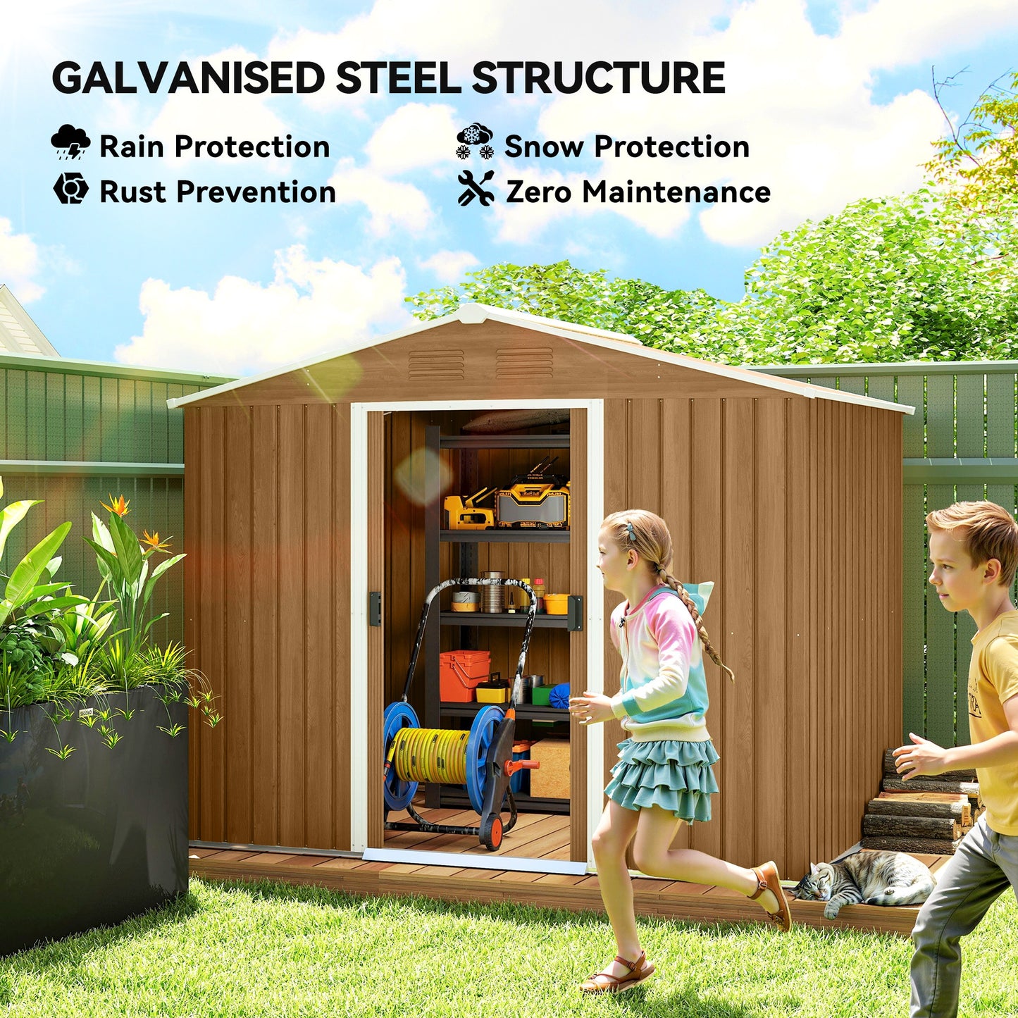 Outsunny 8x6ft Galvanised Steel Shed With Double Doors Brown Garden Tool Storage Weatherproof