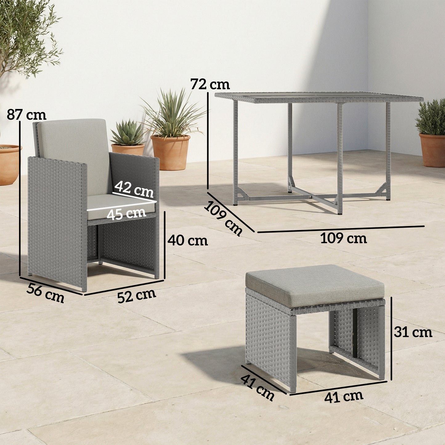 Outsunny 9 Piece Rattan Cube Garden Furniture Dining Set With Armchairs, Footstools And Glass Top Table In Light Grey