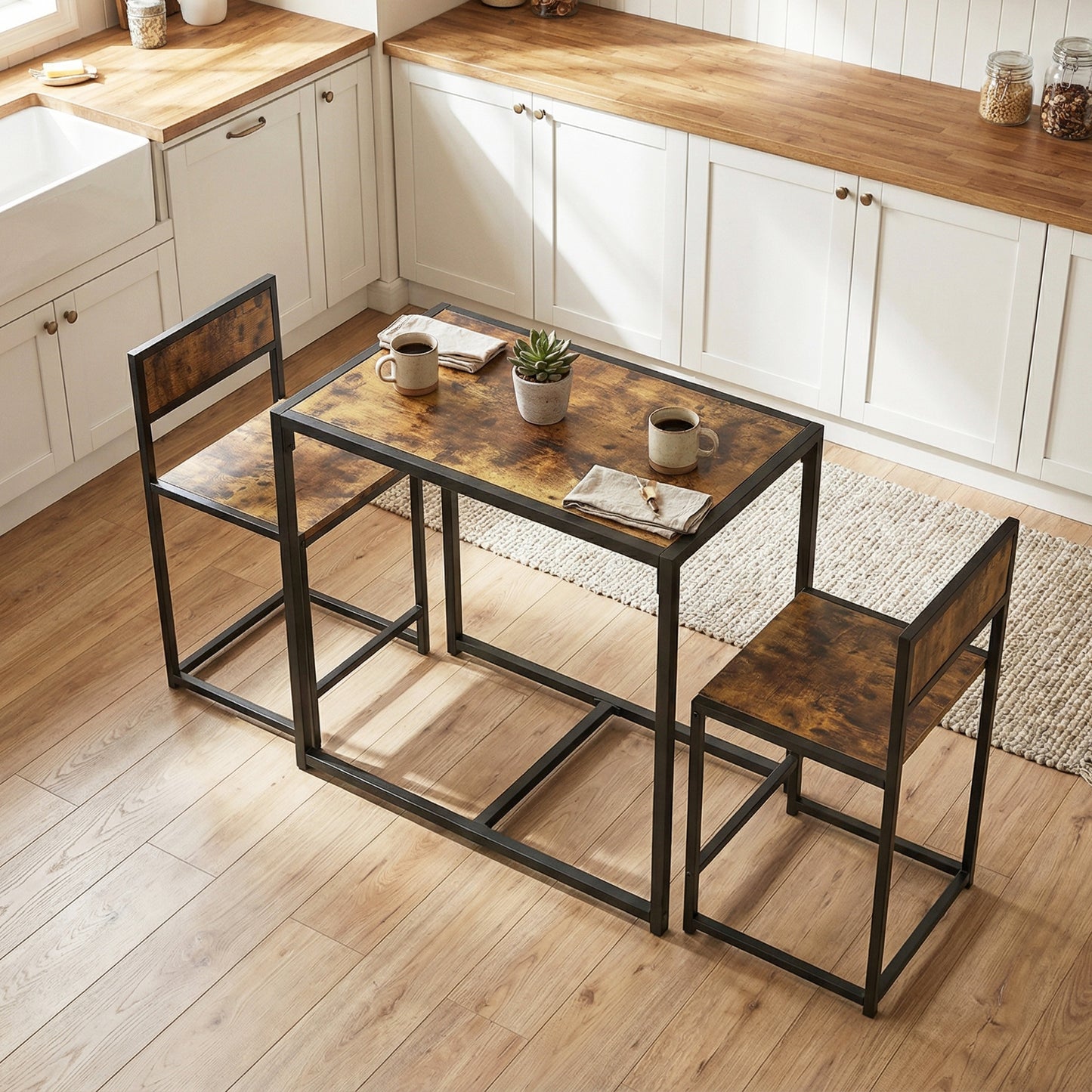 HOMCOM 3 Piece Table And Stool Set Rustic Brown For Kitchen Dining With Steel Frame And Chestnut MDF Panels