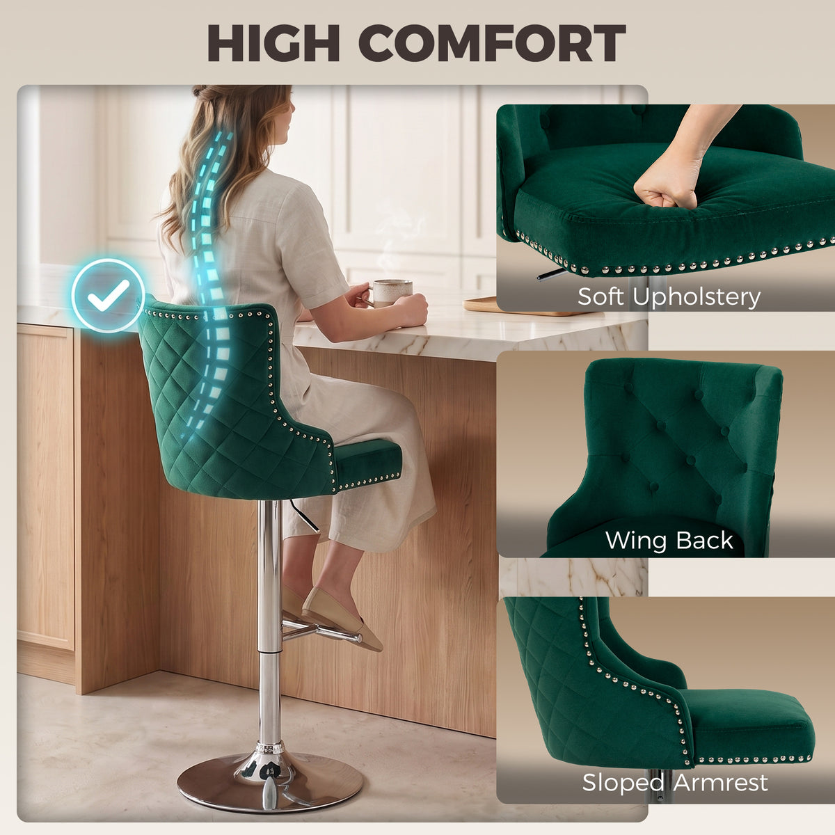 Green velvet bar stool with wing back, sloped armrests, nailhead trim, and round base