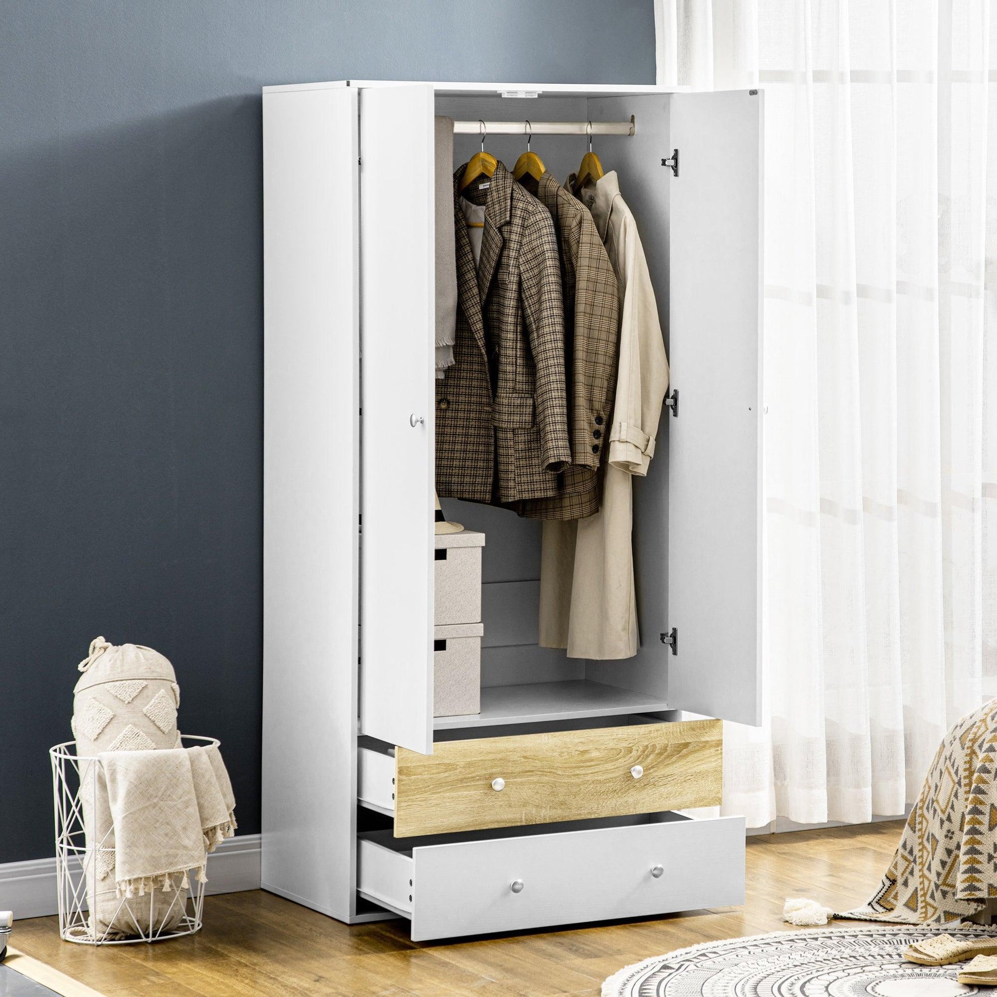 HOMCOM White Wardrobe with Drawers & Hanging Rod - Simplified Storage - ALL4U RETAILER LTD