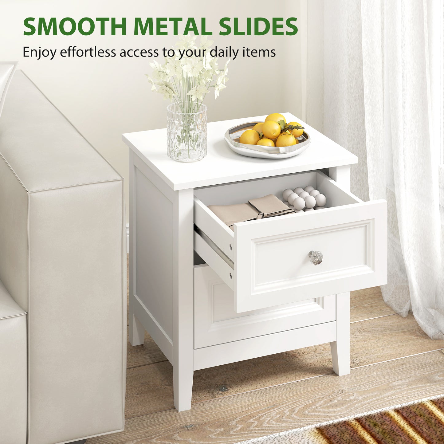 HOMCOM Nightstand With 2 Drawers Modern Bedside Table White MDF Frame Crystal Handles For Bedroom Living Room