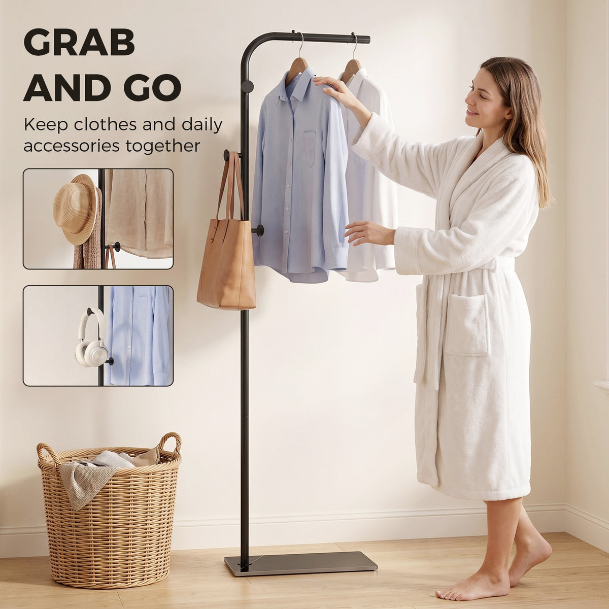 Homcom Clothing Rack With 3 Hooks Garment Stand For Bedroom Black