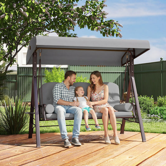 Outsunny Three Seater Canopy Swing Chair Garden With Adjustable Canopy Cushions Cup Trays Steel Frame Light Grey