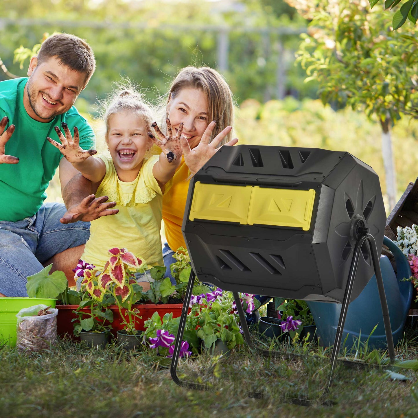 Outsunny 160L 360Â° Rotating Dual Chamber Composter - Yellow