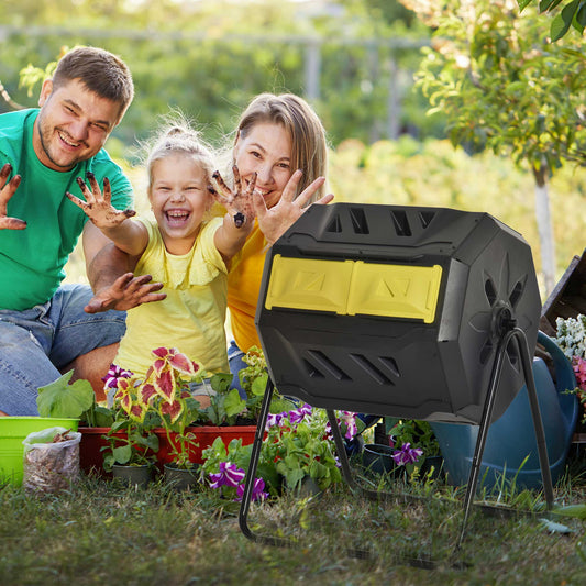 Outsunny 160L 360Â° Rotating Dual Chamber Composter - Yellow