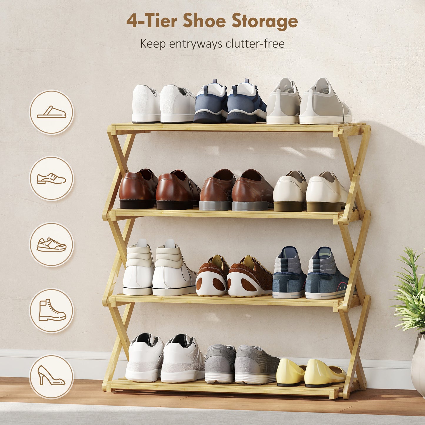 HOMCOM Four Tier Folding Bamboo Shoe Rack Natural Finish Space Saving Organizer for Boots and Shoes