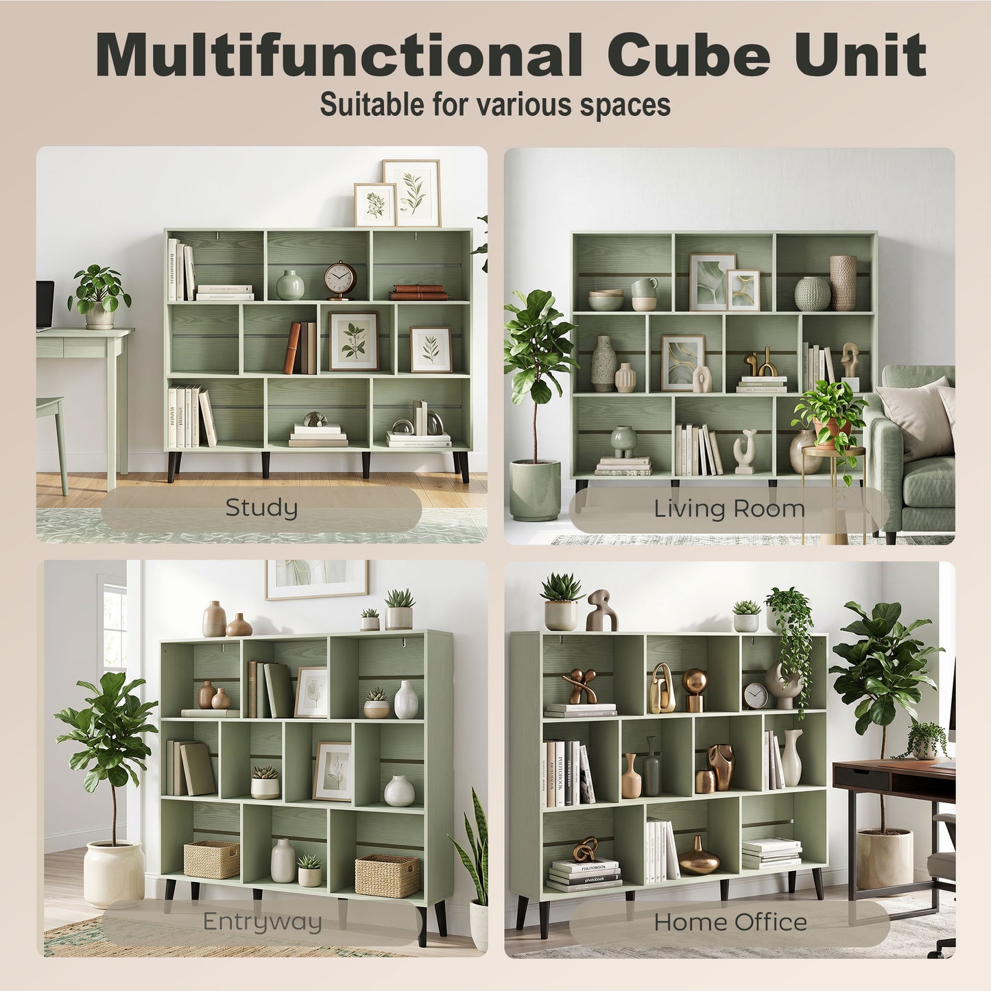 HOMCOM 10 Cube Bookcase with Solid Wood Legs 3 Tier Modern Bookshelf 140 cm Light Green Anti Tip Kit