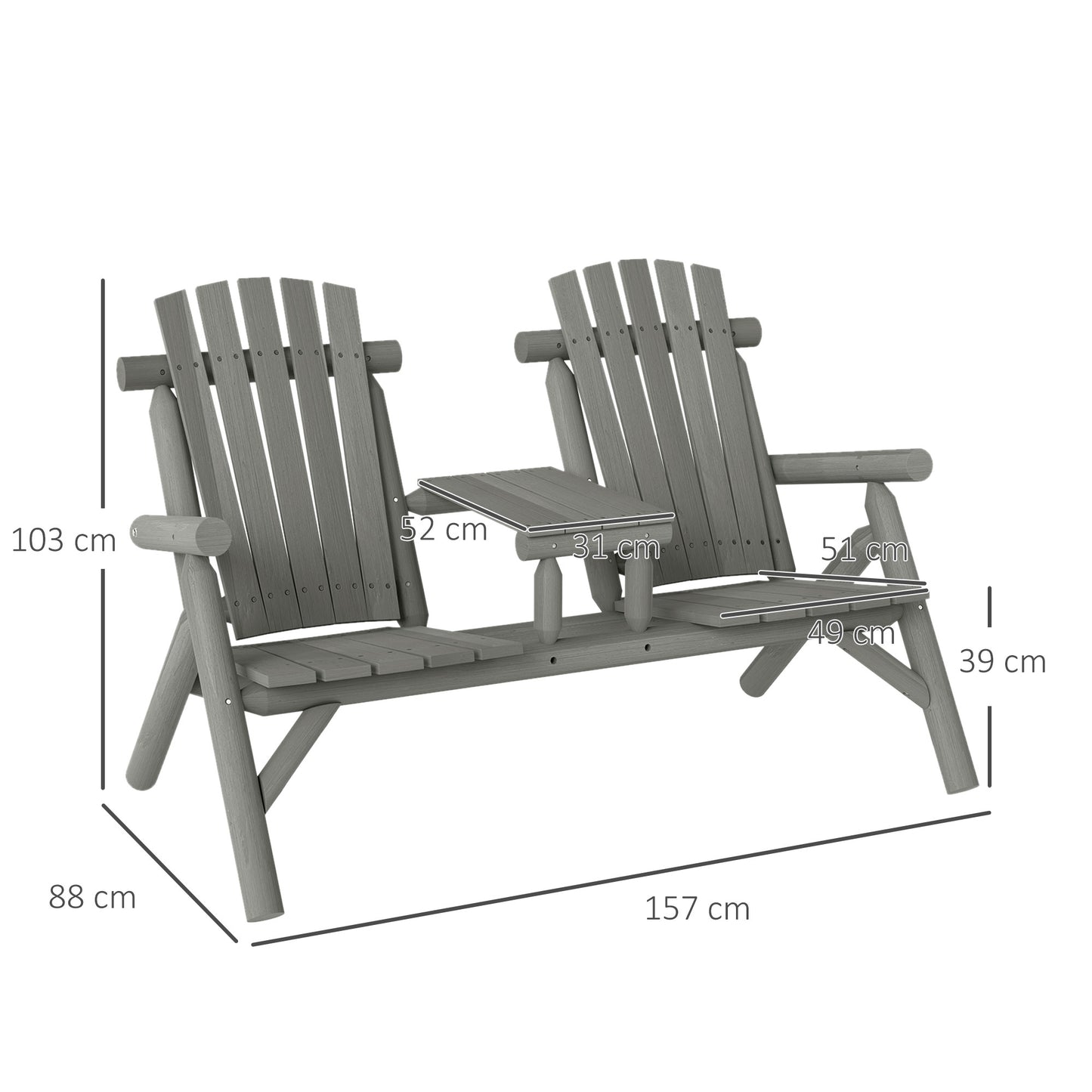 Outsunny Wood Patio Bench For Two With Center Coffee Table Grey Garden Outdoor Seating