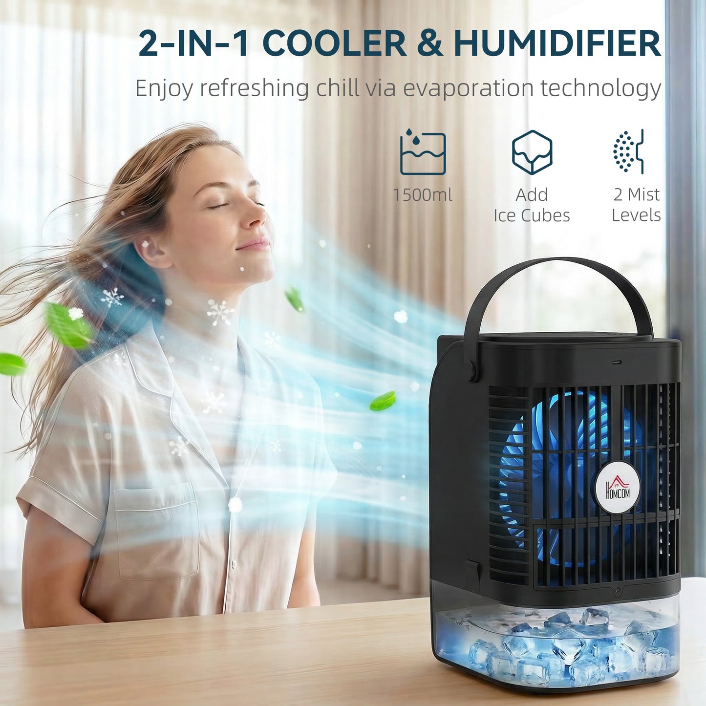 HOMCOM Portable Air Conditioner 4 In 1 Mini Air Cooler With 4 Wind Speeds 2 Cool Mist RGB LED Light Black
