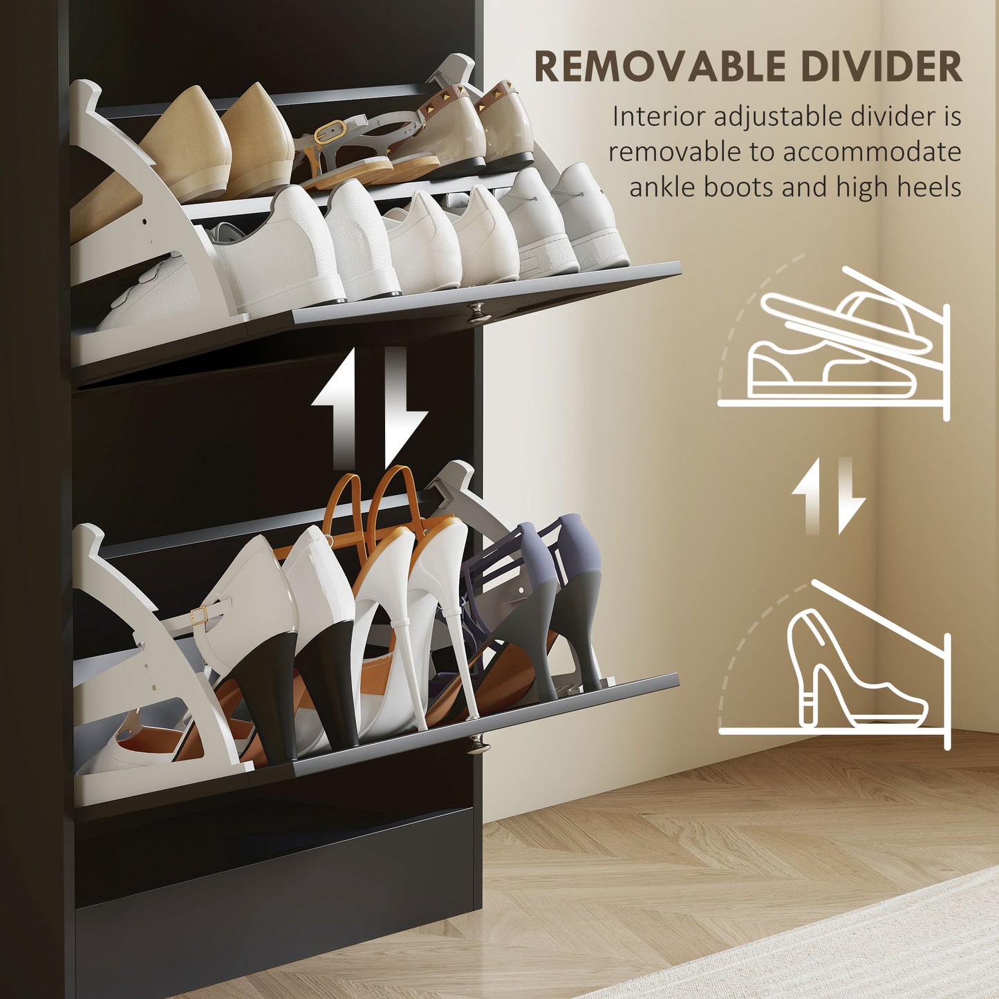 HOMCOM Modern Compact Three Drawer Shoe Storage Cabinet Black With Adjustable Shelves