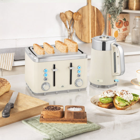 HOMCOM Kettle And 4 Slice Toaster Set Cream White 3000W 1.7L UK Strix Thermostat Cool Touch Limescale Filter