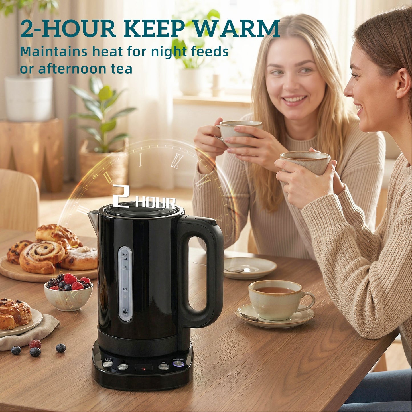 HOMCOM 1.7L Electric Kettle 3kW Fast Boil UK Strix Thermostat Keep Warm LCD Base Black