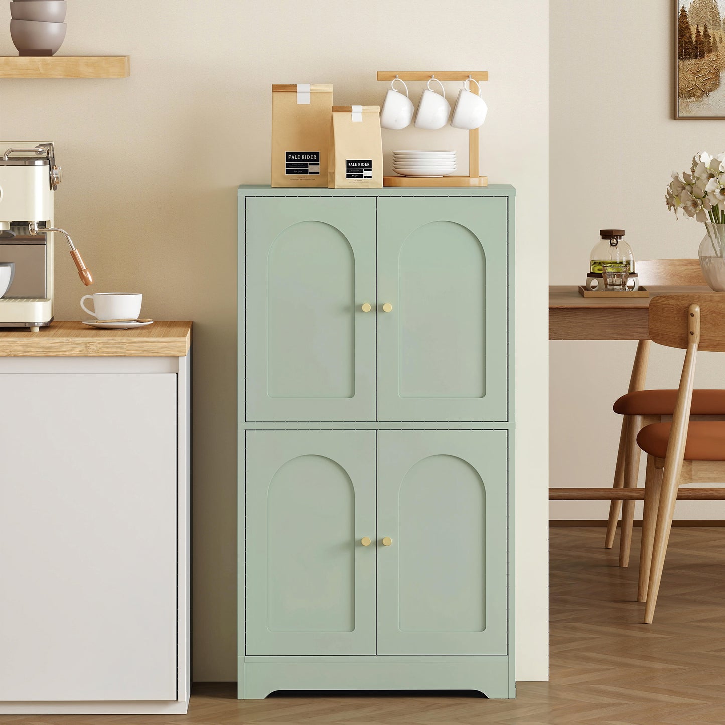 HOMCOM Four Door Kitchen Storage Cabinet With Adjustable Shelves Green Arched Door Panels And Gold Tone Handles