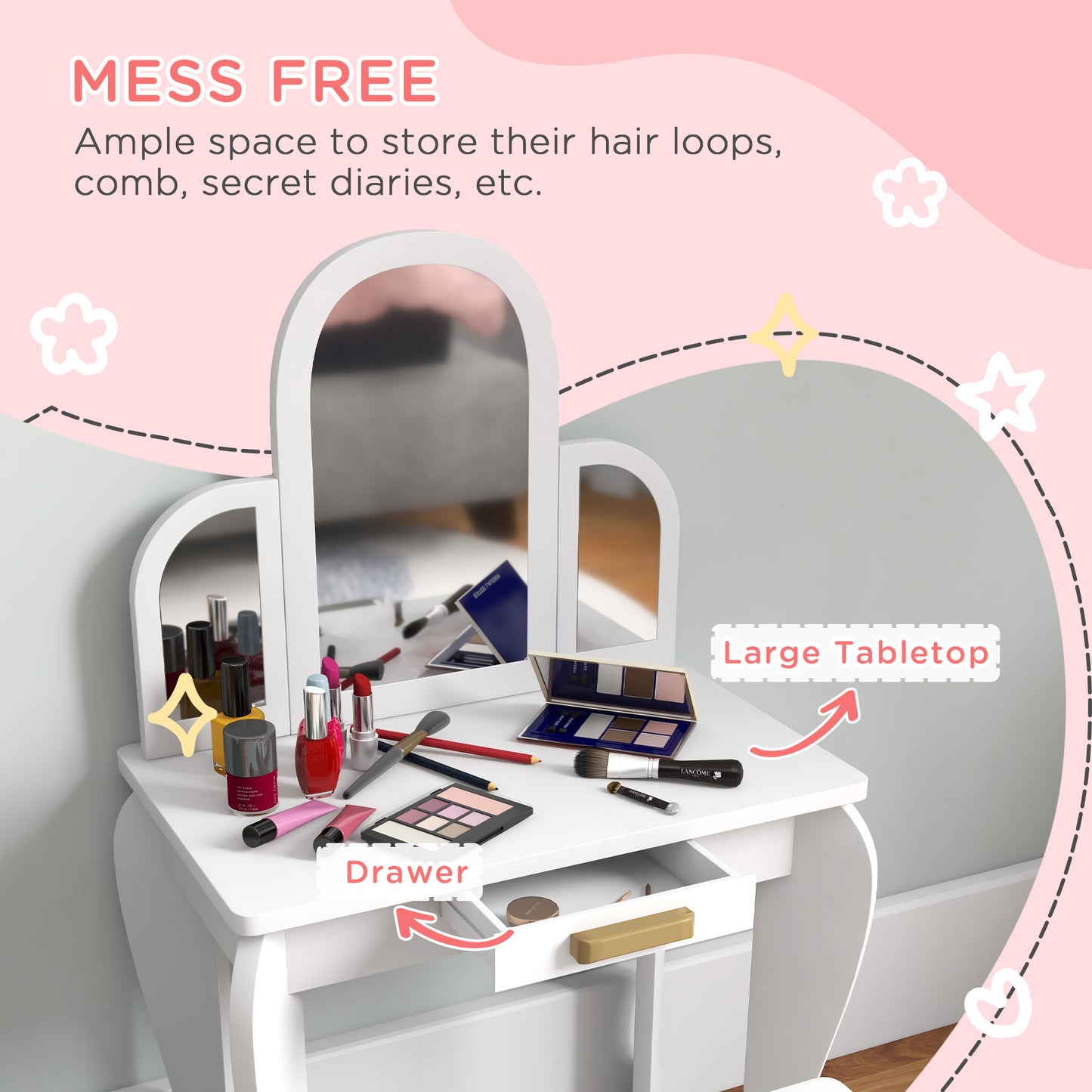 HOMCOM Kids Dressing Table Set With Mirror And Drawer White Vanity Desk for Girls