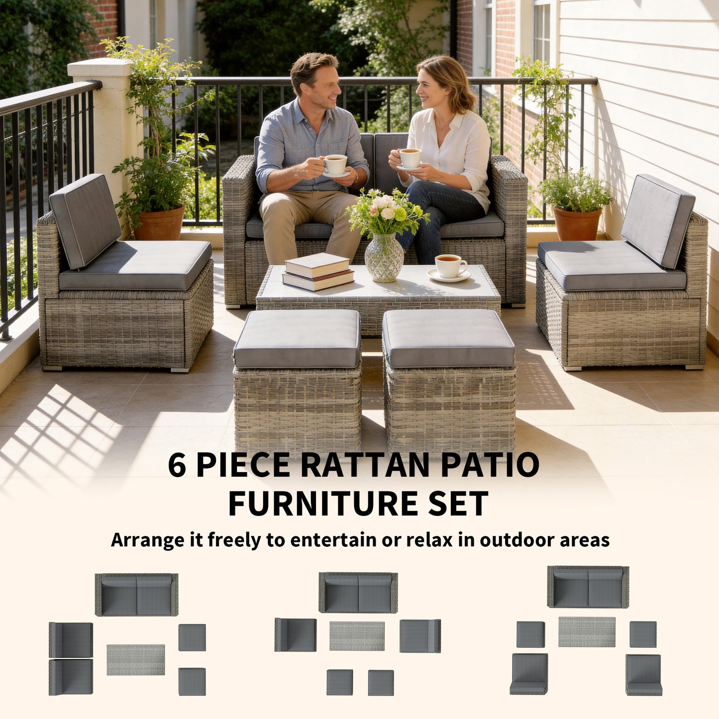 Outsunny Rattan Garden Furniture Set Nesting Patio Conversation Set With Loveseat Chairs Table Footstools Dark Grey