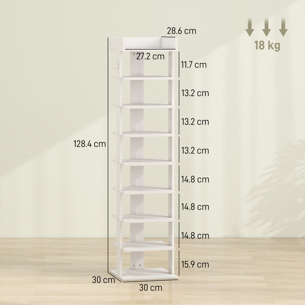 HOMCOM 9 Tier Shoe Rack with Top Tray Guardrail and 2 Hooks White