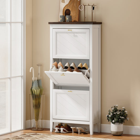 HOMCOM Shoe Storage Cabinet With 3 Flip Drawers And Adjustable Shelves Narrow Farmhouse White